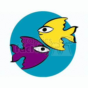 Clipart image showing two fish, one yellow and one purple, in a circular blue background depicting the Pisces zodiac sign.