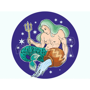 A colorful clipart image representing the Aquarius star sign. The illustration features a merman holding a trident and pouring water from a jug, set against a starry background.