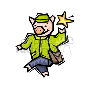 A cartoon pig dressed in a jacket and hat, holding a star, depicting a playful and whimsical representation of a zodiac sign in a horoscope.