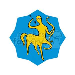 Clipart image of the Sagittarius zodiac sign, featuring a yellow, abstract centaur with a bow and arrow on a blue background.