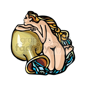 Clipart image depicting a stylized representation of the virgo star sign, associated with horoscopes and astrology. The image features a naked person with long flowing hair leaning on a large jug from which water is flowing.