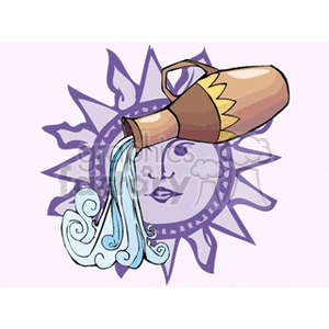 A clipart image featuring an Aquarius zodiac symbol. It shows a water jar pouring water in front of a sun with a human face illustration in the background.
