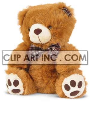 brown teddy bear with a brown plaid bow and ear