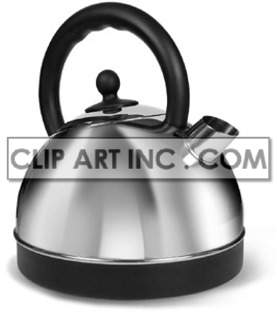 A clipart image of a stainless steel tea kettle with a black handle and spout cap.