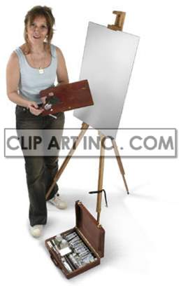 This photo shows a woman artist holding her mixing board, ready to paint. The easel is standing upright in front of her.