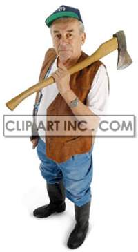 This photo shows a woodcutter with an axe over his shoulder. He has a leather jacket on, with jeans and a green hat 