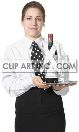 A waitress in a white shirt and black polka dot tie holds a tray with a wine bottle and two wine glasses.