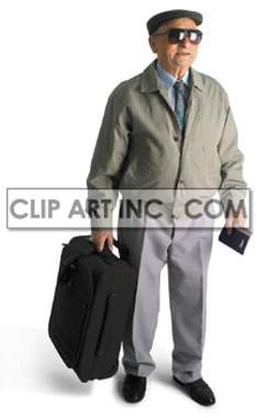 Clipart image of an elderly man traveling, holding a suitcase and passport. The man is wearing sunglasses, a hat, a jacket, and trousers.