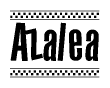 The image contains the text Azalea in a bold, stylized font, with a checkered flag pattern bordering the top and bottom of the text.