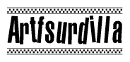 The image is a black and white clipart of the text Artfsurdilla in a bold, italicized font. The text is bordered by a dotted line on the top and bottom, and there are checkered flags positioned at both ends of the text, usually associated with racing or finishing lines.