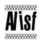 The image contains the text Alisf in a bold, stylized font, with a checkered flag pattern bordering the top and bottom of the text.