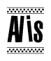 The image is a black and white clipart of the text Alis in a bold, italicized font. The text is bordered by a dotted line on the top and bottom, and there are checkered flags positioned at both ends of the text, usually associated with racing or finishing lines.