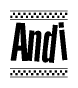 The image is a black and white clipart of the text Andi in a bold, italicized font. The text is bordered by a dotted line on the top and bottom, and there are checkered flags positioned at both ends of the text, usually associated with racing or finishing lines.