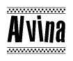   The clipart image displays the text Alvina in a bold, stylized font. It is enclosed in a rectangular border with a checkerboard pattern running below and above the text, similar to a finish line in racing.  