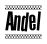 The clipart image displays the text Andel in a bold, stylized font. It is enclosed in a rectangular border with a checkerboard pattern running below and above the text, similar to a finish line in racing. 