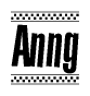 The image is a black and white clipart of the text Anng in a bold, italicized font. The text is bordered by a dotted line on the top and bottom, and there are checkered flags positioned at both ends of the text, usually associated with racing or finishing lines.