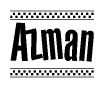 The image is a black and white clipart of the text Azman in a bold, italicized font. The text is bordered by a dotted line on the top and bottom, and there are checkered flags positioned at both ends of the text, usually associated with racing or finishing lines.