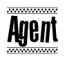 The image is a black and white clipart of the text Agent in a bold, italicized font. The text is bordered by a dotted line on the top and bottom, and there are checkered flags positioned at both ends of the text, usually associated with racing or finishing lines.