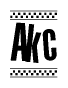 The clipart image displays the text Akc in a bold, stylized font. It is enclosed in a rectangular border with a checkerboard pattern running below and above the text, similar to a finish line in racing. 