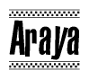 The clipart image displays the text Araya in a bold, stylized font. It is enclosed in a rectangular border with a checkerboard pattern running below and above the text, similar to a finish line in racing. 