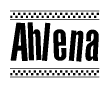 The image is a black and white clipart of the text Ahlena in a bold, italicized font. The text is bordered by a dotted line on the top and bottom, and there are checkered flags positioned at both ends of the text, usually associated with racing or finishing lines.