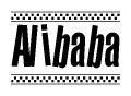 The image contains the text Alibaba in a bold, stylized font, with a checkered flag pattern bordering the top and bottom of the text.