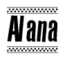 The clipart image displays the text Alana in a bold, stylized font. It is enclosed in a rectangular border with a checkerboard pattern running below and above the text, similar to a finish line in racing. 