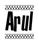 The clipart image displays the text Arul in a bold, stylized font. It is enclosed in a rectangular border with a checkerboard pattern running below and above the text, similar to a finish line in racing. 