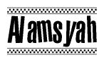 The image is a black and white clipart of the text Alamsyah in a bold, italicized font. The text is bordered by a dotted line on the top and bottom, and there are checkered flags positioned at both ends of the text, usually associated with racing or finishing lines.