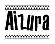 The clipart image displays the text Aizura in a bold, stylized font. It is enclosed in a rectangular border with a checkerboard pattern running below and above the text, similar to a finish line in racing. 
