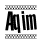 The clipart image displays the text Aqim in a bold, stylized font. It is enclosed in a rectangular border with a checkerboard pattern running below and above the text, similar to a finish line in racing. 