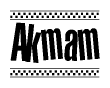 The image is a black and white clipart of the text Akmam in a bold, italicized font. The text is bordered by a dotted line on the top and bottom, and there are checkered flags positioned at both ends of the text, usually associated with racing or finishing lines.