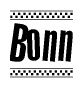The image is a black and white clipart of the text Bonn in a bold, italicized font. The text is bordered by a dotted line on the top and bottom, and there are checkered flags positioned at both ends of the text, usually associated with racing or finishing lines.