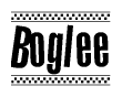 The image contains the text Boglee in a bold, stylized font, with a checkered flag pattern bordering the top and bottom of the text.