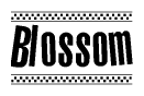 The clipart image displays the text Blossom in a bold, stylized font. It is enclosed in a rectangular border with a checkerboard pattern running below and above the text, similar to a finish line in racing. 