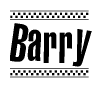 The image is a black and white clipart of the text Barry in a bold, italicized font. The text is bordered by a dotted line on the top and bottom, and there are checkered flags positioned at both ends of the text, usually associated with racing or finishing lines.