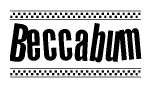 The image contains the text Beccabum in a bold, stylized font, with a checkered flag pattern bordering the top and bottom of the text.