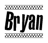 The image is a black and white clipart of the text Bryan in a bold, italicized font. The text is bordered by a dotted line on the top and bottom, and there are checkered flags positioned at both ends of the text, usually associated with racing or finishing lines.