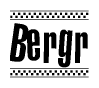 The image is a black and white clipart of the text Bergr in a bold, italicized font. The text is bordered by a dotted line on the top and bottom, and there are checkered flags positioned at both ends of the text, usually associated with racing or finishing lines.