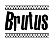 The image contains the text Brutus in a bold, stylized font, with a checkered flag pattern bordering the top and bottom of the text.