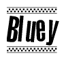 The image is a black and white clipart of the text Bluey in a bold, italicized font. The text is bordered by a dotted line on the top and bottom, and there are checkered flags positioned at both ends of the text, usually associated with racing or finishing lines.