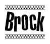 The image contains the text Brock in a bold, stylized font, with a checkered flag pattern bordering the top and bottom of the text.