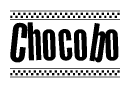 The clipart image displays the text Chocobo in a bold, stylized font. It is enclosed in a rectangular border with a checkerboard pattern running below and above the text, similar to a finish line in racing. 