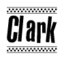 The image contains the text Clark in a bold, stylized font, with a checkered flag pattern bordering the top and bottom of the text.