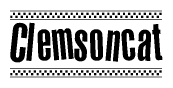 The image contains the text Clemsoncat in a bold, stylized font, with a checkered flag pattern bordering the top and bottom of the text.