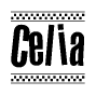 The clipart image displays the text Celia in a bold, stylized font. It is enclosed in a rectangular border with a checkerboard pattern running below and above the text, similar to a finish line in racing. 