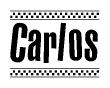 The clipart image displays the text Carlos in a bold, stylized font. It is enclosed in a rectangular border with a checkerboard pattern running below and above the text, similar to a finish line in racing. 