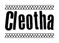 The image is a black and white clipart of the text Cleotha in a bold, italicized font. The text is bordered by a dotted line on the top and bottom, and there are checkered flags positioned at both ends of the text, usually associated with racing or finishing lines.