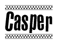 The image is a black and white clipart of the text Casper in a bold, italicized font. The text is bordered by a dotted line on the top and bottom, and there are checkered flags positioned at both ends of the text, usually associated with racing or finishing lines.