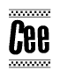 The clipart image displays the text Cee in a bold, stylized font. It is enclosed in a rectangular border with a checkerboard pattern running below and above the text, similar to a finish line in racing. 